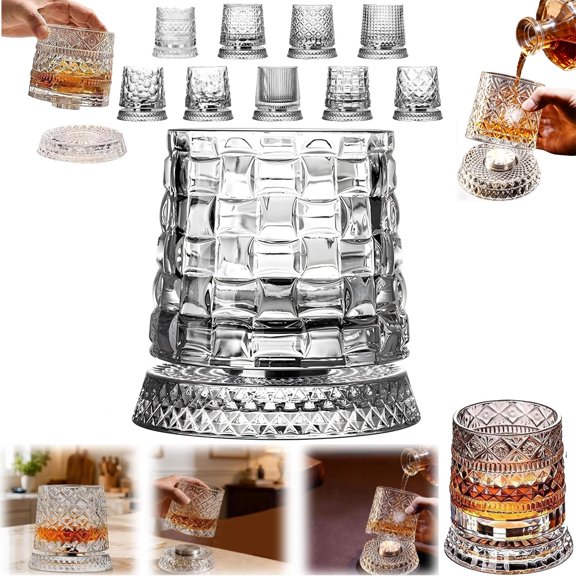 360° Rotating Whiskey Glass with Relief Embossed Base(E, 1Pcs)