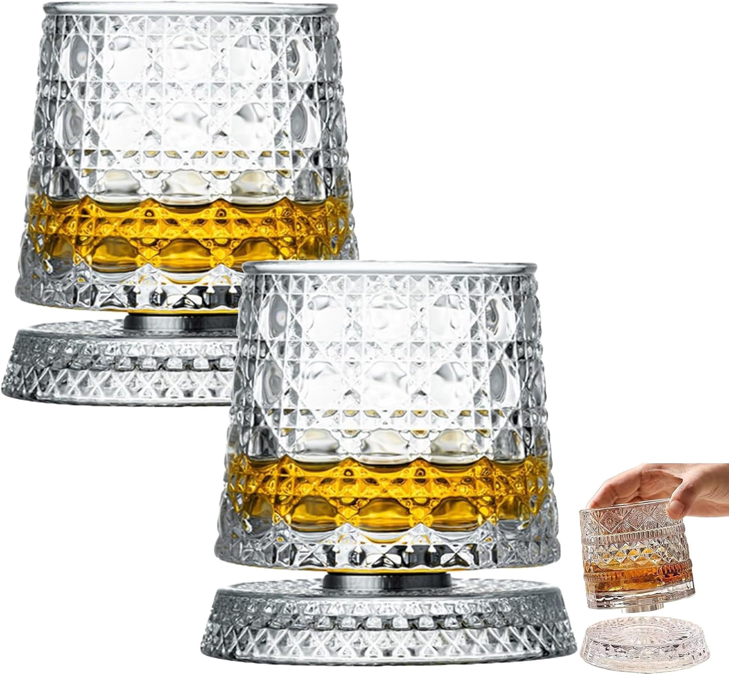 Diamond Textue 360° Rotating Whiskey Tumbler, 280ml Diamond Textured Spinning Base ...