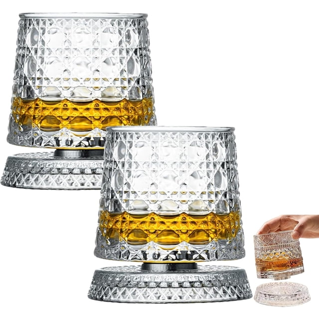 Spinner Installation 360° Rotating Whiskey Tumbler, 280ml Diamond Textured Spinning Base ...