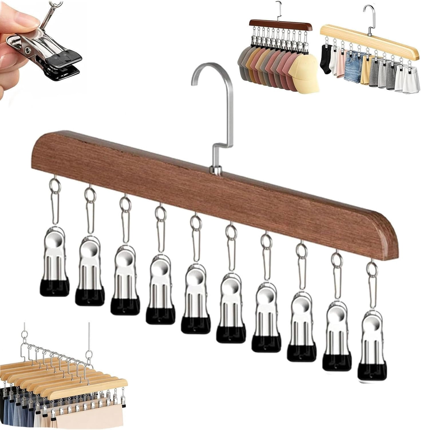 360° Rotating Wooden Pants Hanger with 10 Clips, Space Saving Closet Organizer for Pants, Socks and Undergarments
