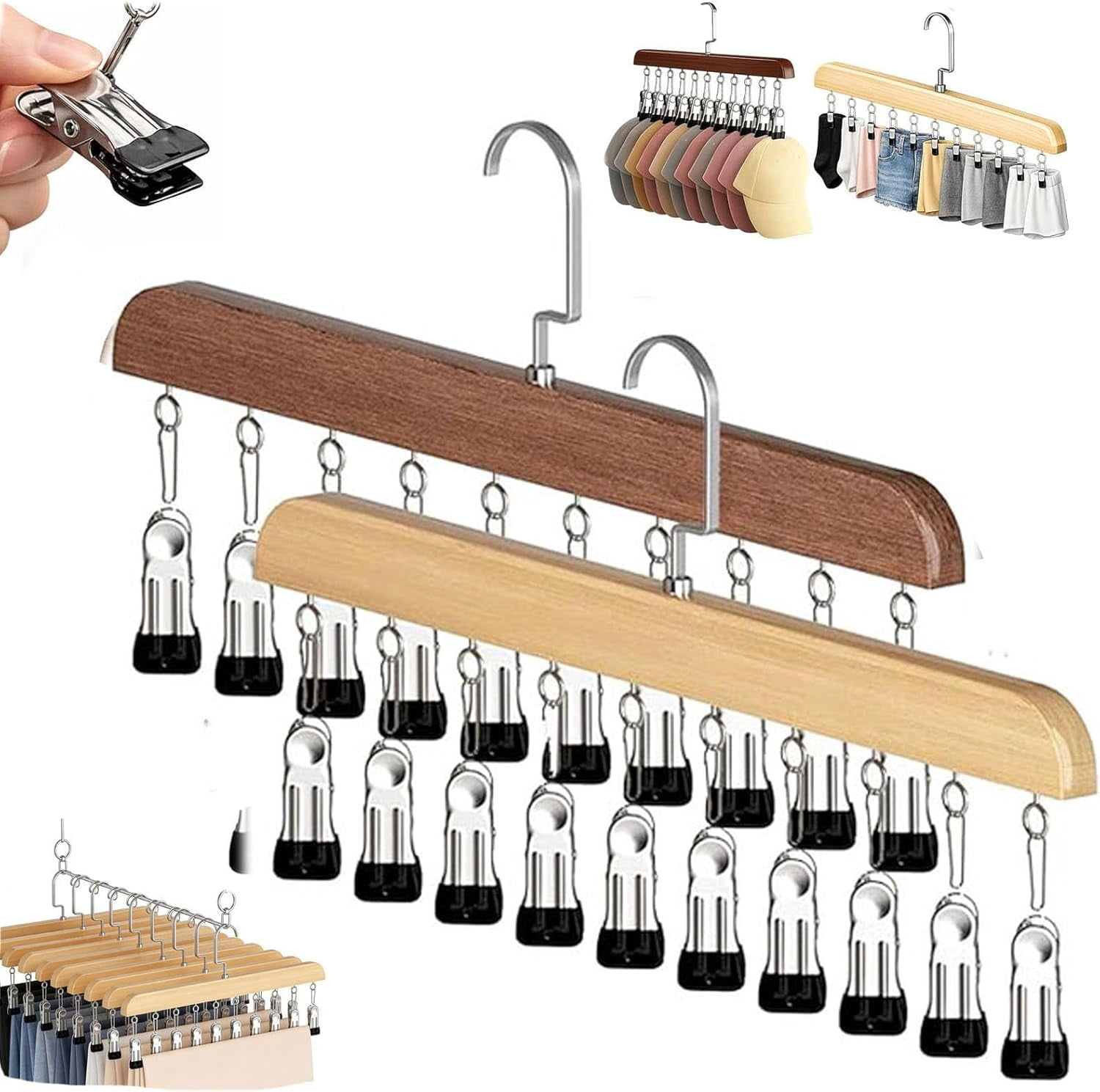 360° Rotating Wooden Pants Hanger with 10 Clips, Space Saving Closet Organizer for Pants, Socks and Undergarments