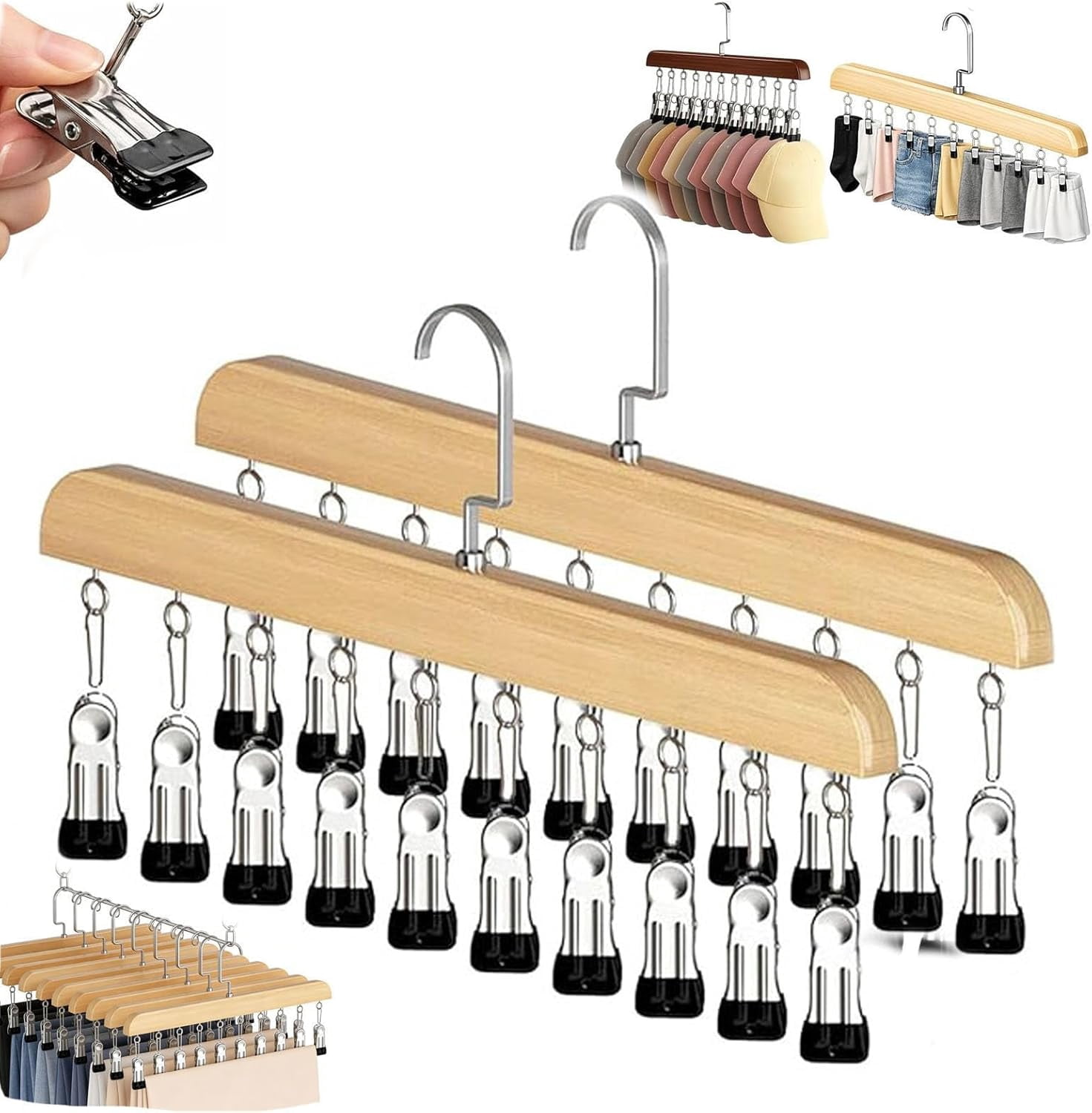 360° Rotating Wooden Pants Hanger with 10 Clips, Space Saving Closet Organizer for Pants, Socks and Undergarments