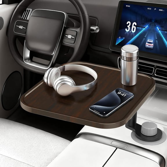 360° Rotation Car Desk for Laptop, Height-Adjustable Cup Holder Table, Wooden Car Food Tray & Laptop Mount Compatible with for T-e-s-l-a Model Y/3/S, Ford F150/Explorer/Maverick & Most Vehicles