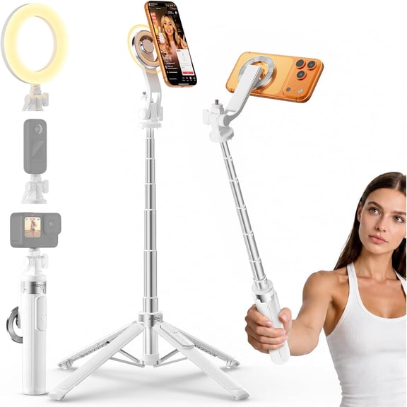 360 Rotation Magnetic Selfie Stick Tripod for iPhone with 1/4" Screw & Wireless Remote, 53" Phone 4-Leg Stable Base Video Recording, TikTok Creator,Vlog,Travel