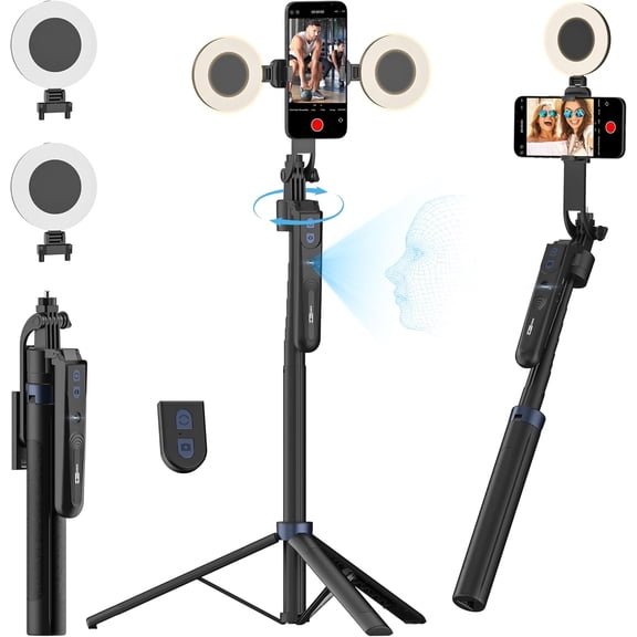 360 Rotation Phone Tripod with Fill Light and Remote Control 70.9 Inches Black