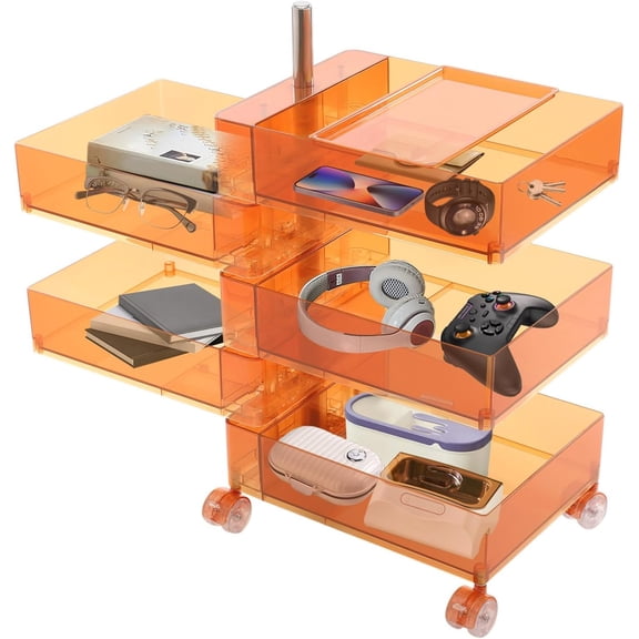 360 Rotation Storage Cabinet, 5 Storey Movable Bedside Table with 4 Wheel, Plastic Leisure Table, Storage Trolley, Sofa Side Cabinet, Snacks Cabinet for Bedroom,Kitchen. (Orange)