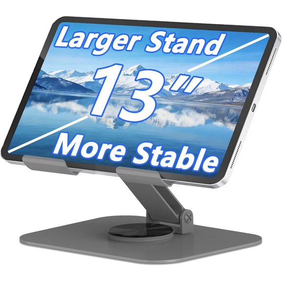360? Rotation Tablet Stand, Ultra Stability Base Fully Folded Easy to Store and Carry Adjustable iPad Stand Compatible with 4-13" Tablet E-Reader iPad Pro/Air/Mini and (Grey)