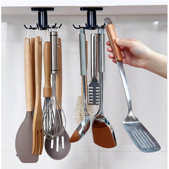 360 Rotation Utility Hooks, Under Cabinet Hooks, Storage Shelf, Nail Free Adhesive Hanging Hooks for Utensils, Tools, Towel, Knife
