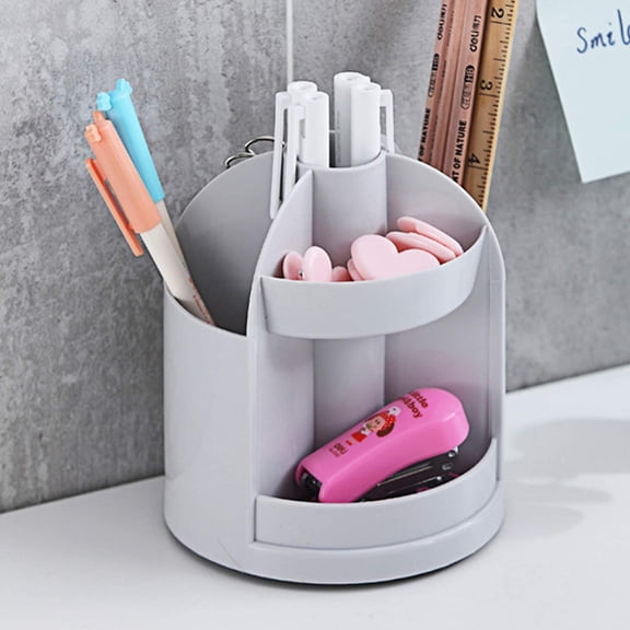 360 Rotations Pencil Holder Pen Holder Pencil Pot Desk Organizer Tidy Desk Organizer Storage Box Office Accessory Stationery 4 Multi-Function Compartments (Grey)