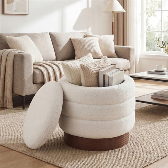 360 Round Swivel Storage Ottoman Stool, Solid Wood Frame No Assembly Makeup Chair with 5.5 Gal Hidden Storage Space, White Vanity Foot Stool for Bedroom Dressing Room