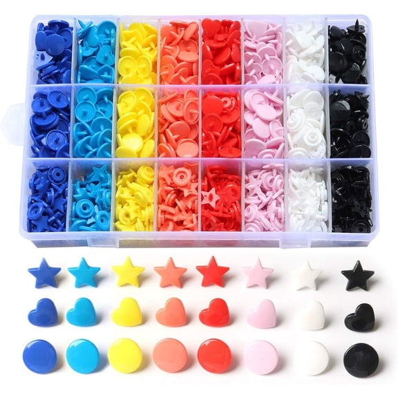 360 Sets KAM Snaps Size 20 T5 Star Heart Round Plastic Resin Fasteners Punch Poppers Closures No-Sew Buttons Storage Container for Crafts Cloth