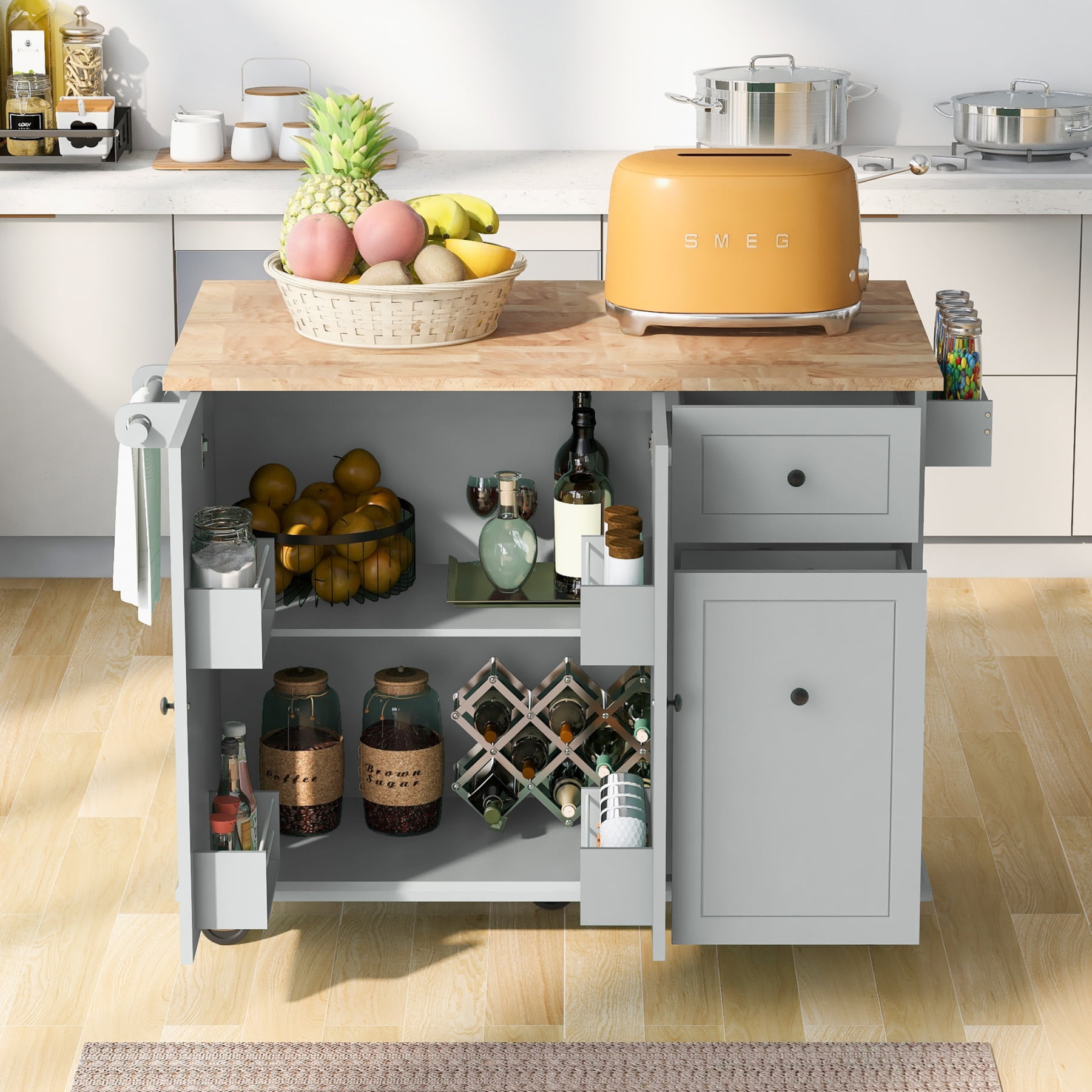 360°Smooth Rotation Wheels Mobile&Stationary Kitchen Island with Drop Leaf,53.9" Width Rolling