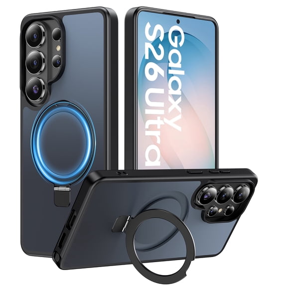 360 Spin Magnetic Stand Case for Samsung Galaxy S26 Ultra - MagSafe Compatible, Military-Grade Shockproof Cover with Kickstand & Ring Holder, Black