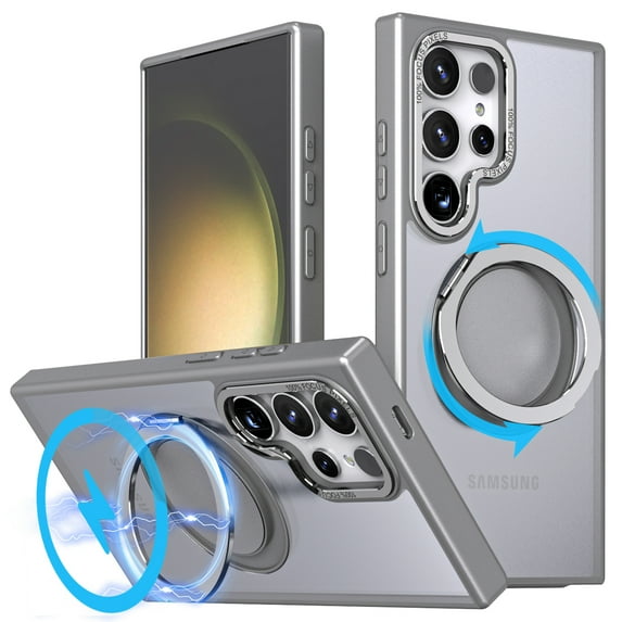 360° Spin Magnetic Stand for Samsung Galaxy S25 Ultra Case, Compatible with Magsafe, Military Grade Slim Protective Case with Kickstand & Ring Holder, Translucent Frosted, for S25 Ultra, Grey