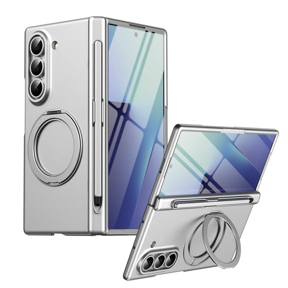 360 Spin Magnetic Stand for Samsung Galaxy Z Fold 5 Case Compatible with MagSafe, Bulit-in Screen Protector & Spring Hinge Protection & Stylus Slot (with Stylus), Matte Slim Thin Phone Cover - Silver