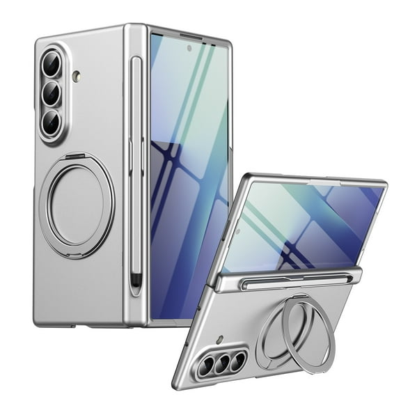 360 Spin Magnetic Stand for Samsung Galaxy Z Fold 7 Case Compatible with MagSafe, Bulit-in Screen Protector & Spring Hinge Protection & Stylus Slot (with Stylus), Matte Slim Thin Phone Cover - Silver