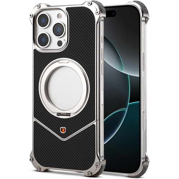 360° Spin Magnetic Stand for iphone16 pro max Metal Bezel-Less Skeleton Half Wrap Phone Case Carbon Fiber (Black,iPhone 16 Pro Max)