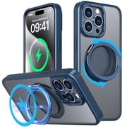 360  Spin Magnetic Stand for iPhone 16e Case, Compatible with Magsafe, Military Grade Slim Protective Case with Kickstand & Ring Holder, Translucent Frosted, for iPhone 16e, Blue