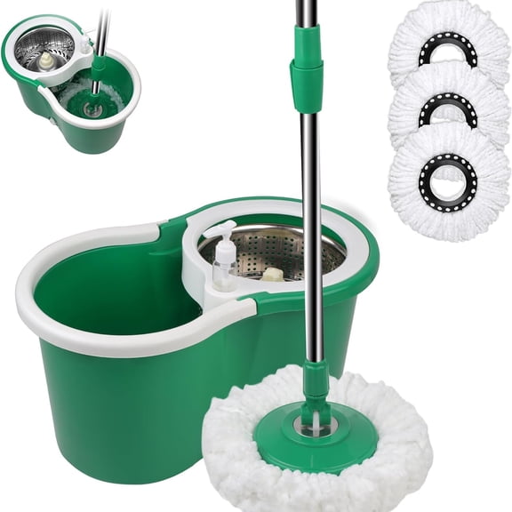360 Spin Mop and Bucket with Separate Clean and Dirty Water,Mop and Bucket with Wringer Set for Home,Wet Dust Mop for Floor Cleaning with 3 Mop Heads, Green