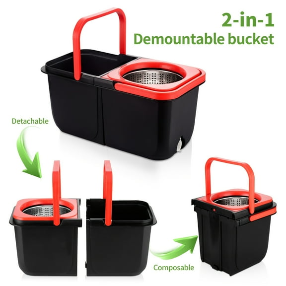 Spin Mop And Bucket With Wringer Set, Bathroom Mop Bucket, School Bathroom, 360° Spinning Mop Bucket System With 3 Microfiber Mop Replacement Heads And 61" Stainless Steel Adjustable Handle