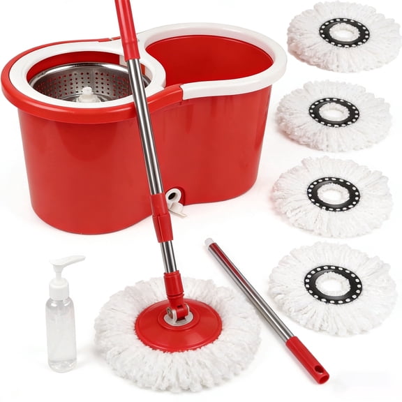 360° Spin Mop Bucket System with Wringer, 4 Microfiber Replacement Mop Heads, Stainless Steel Bucket, Household Floor Cleaning Kit