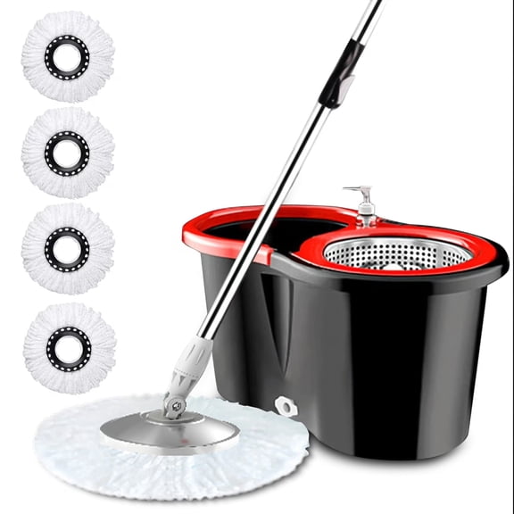 360° Spin Mop Bucket System with Wringer, 4 Microfiber Replacement Mop Heads, Stainless Steel Bucket, Household Floor Cleaning Kit