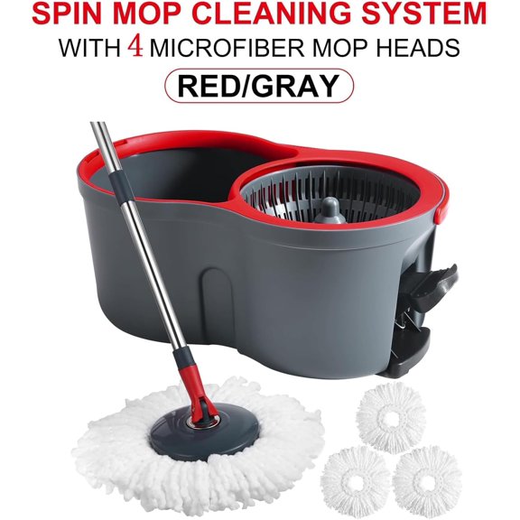 360 Spin Mop and Bucket Set with 4 Microfiber Mop Heads & Adjustable Handle