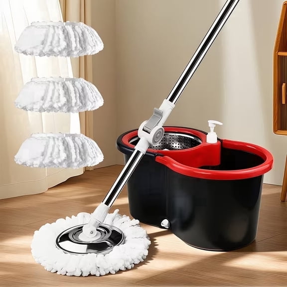360° Spin Mop and Bucket Set with Cleaning System 3pcs Reusable Microfiber Mop Heads for Floor Cleaning, Black
