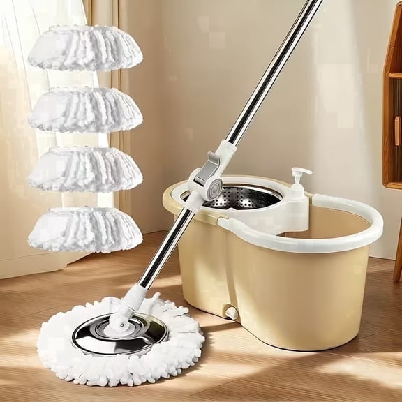 360° Spin Mop and Bucket Set with Cleaning System 4pcs Reusable Microfiber Mop Heads for Floor Cleaning,Beige