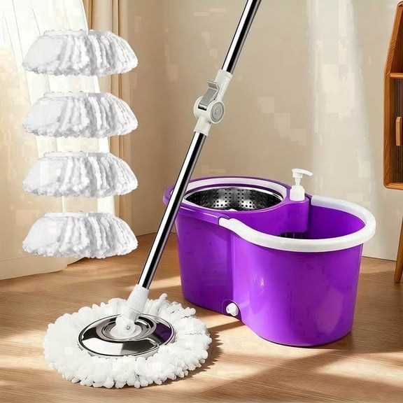 360° Spin Mop and Bucket Set with Cleaning System 4pcs Reusable Microfiber Mop Heads for Floor Cleaning, Purple