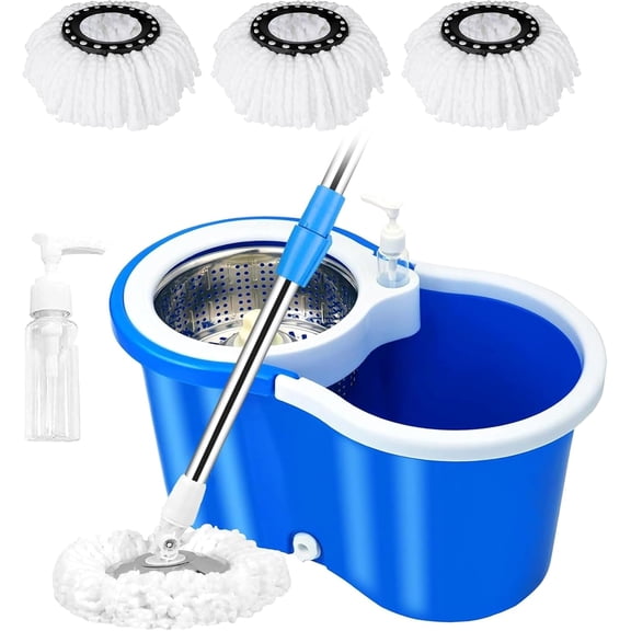 360 Spin Mop and Bucket System With 3 Microfiber Replacement Heads, Wringer Set for Home (Blue)