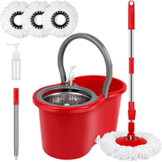360 Spin Mop and Bucket with Wringer Set, Mop and Bucket Set with 3 Microfiber Mop Refills Wet and Dry Suitable for Office and Home Use, Red