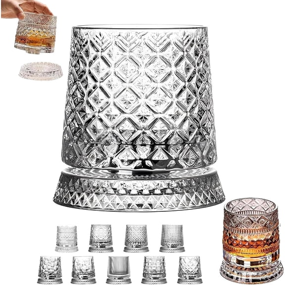 360 Spinning Crystal Glass, Rotating Whiskey Tumbler with Smooth Spinning Base, Heavy Crystal Old Fashioned Glass for Bourbon, Scotch, Rum, Cocktails (Style I)