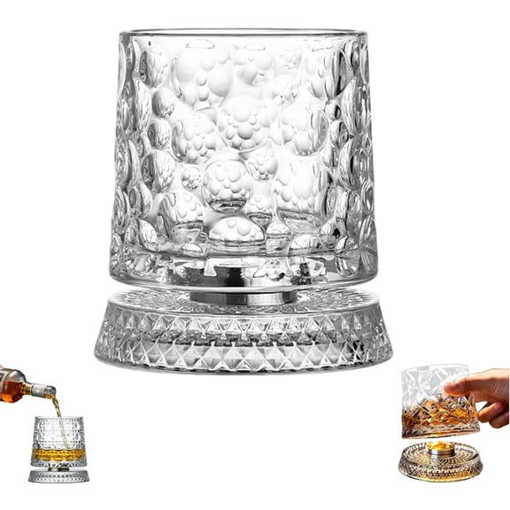 360° Spinning Crystal Whiskey Glass, Spinning Old Fashioned Tumblers with Stress-Relief Base, Luxury Gift for Scotch, Bourbon, Cocktail Lovers (Bubble Style)