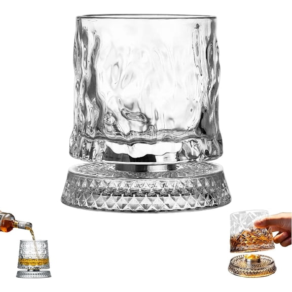 360° Spinning Crystal Whiskey Glass, Spinning Old Fashioned Tumblers with Stress-Relief Base, Luxury Gift for Scotch, Bourbon, Cocktail Lovers (Wood Grain Style)