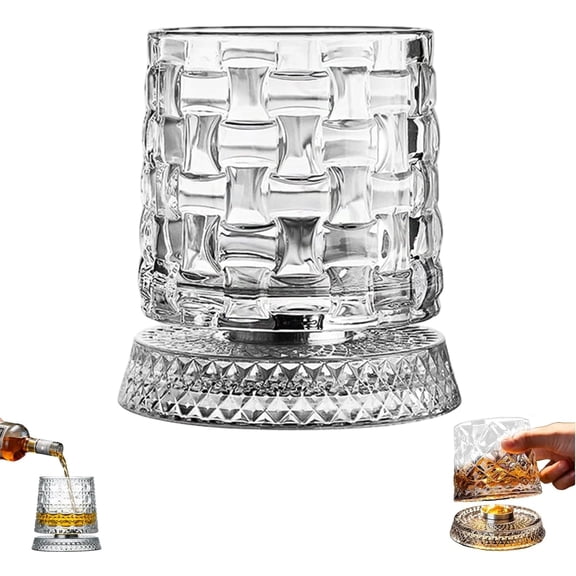 360° Spinning Crystal Whiskey Glass, Spinning Old Fashioned Tumblers with Stress-Relief Base, Luxury Gift for Scotch, Bourbon, Cocktail Lovers (Woven Style)