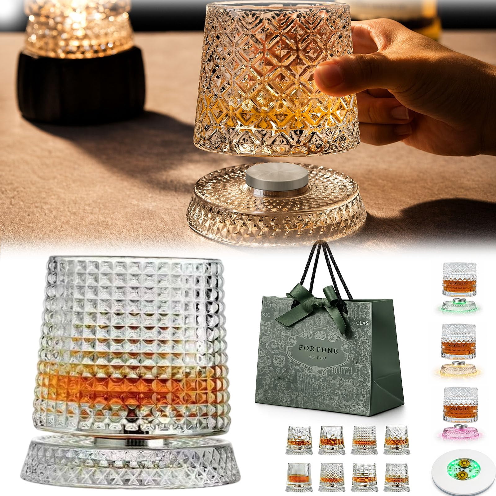360° Spinning Crystal Whiskey Glasses, Heavy Base Old Fashioned ...