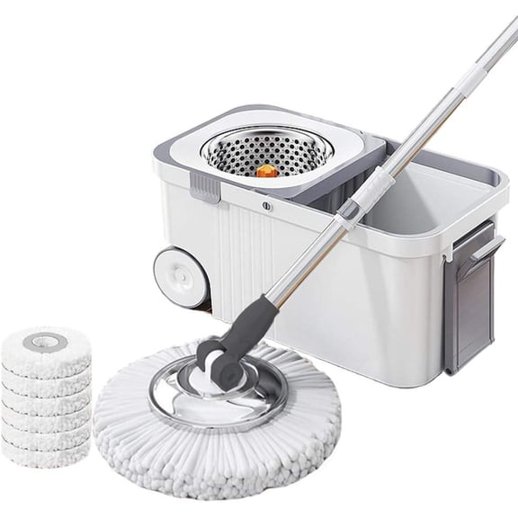 360 Spinning Floor Cleaning System with Extended Handle, Wringer Bucket, and 6 Replacement Mop Heads (White/Blue)