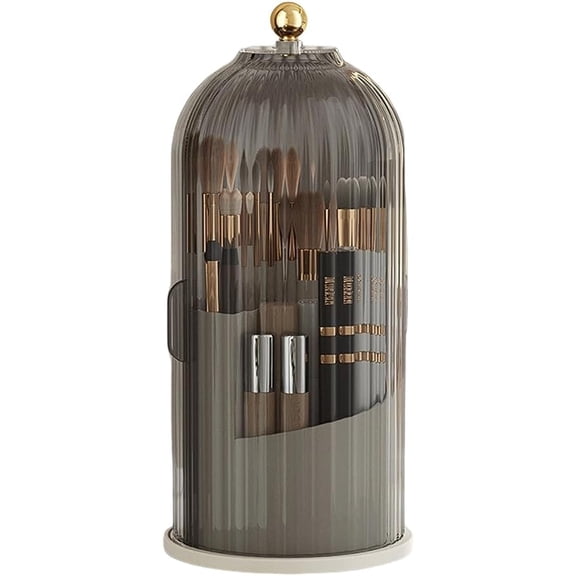 360° Spinning Makeup Brush Silo with Sanitary Dome Lid,many Compartment Cosmetic Organizer, Dust-Proof Carousel for Vanity