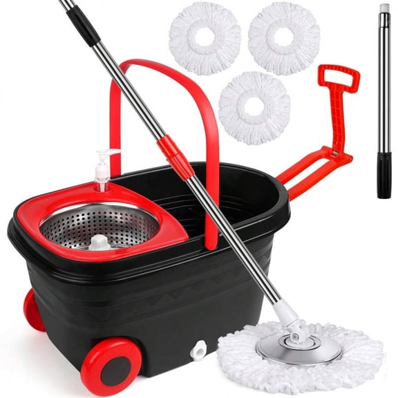 360 °   Spinning Mop Bucket, 3 Washable Microfiber Pads, Adjustable Stainless Steel Handle, Easy Moving With Wheels For Floor Cleanning