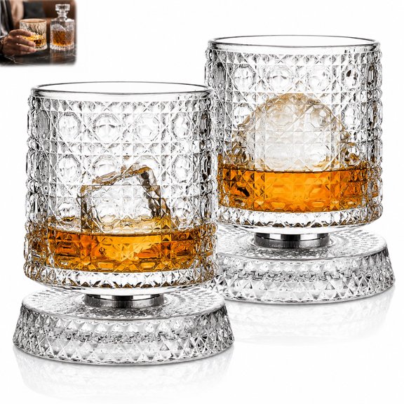 360 Spinning Whiskey Glasses Set of 1 - Rotating Old Fashioned 10oz Rocks Glass with Heavy Base for Home Bars Gift for Father