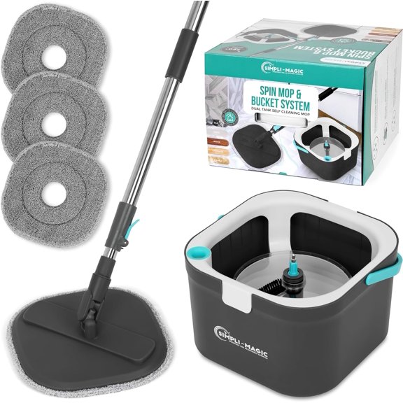 360 Square Spin Mop and Bucket System Dual Compartment, Separate Clean & Dirty Water 3 High-Absorbent Microfiber Washable Heads All Types Floor Cleaning