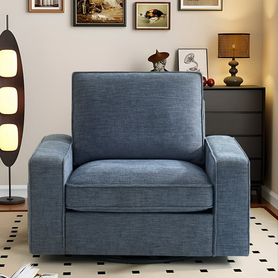 360° Swivel Accent Chair, 45 "W Oversized Chenille Accent Armchair with Storage Bag, Modern Single Chair for Living Room, Bedroom, Blue
