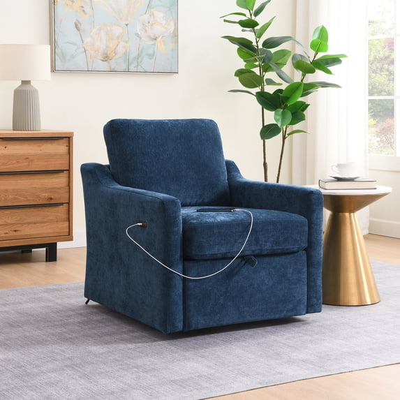 360° Swivel Accent Chair with Charging Station, Modern Upholstered Armchair with Hidden Storage Seat and Side Pocket for Bedroom, Reading Room, Navy Blue