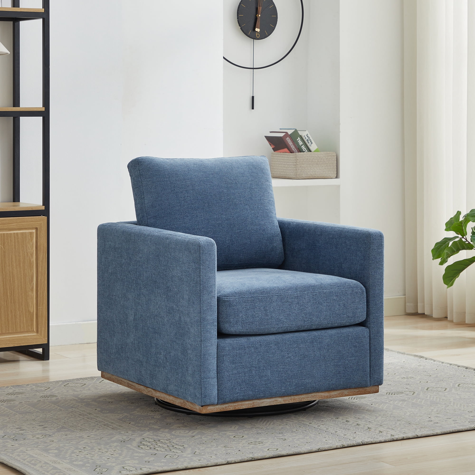 360° Swivel Accent Chair Chenille Arm Chair Upholstered Single Sofa Chair with Wooden Base,Club Lounge Reading Armchair for Living Room Bedroom Apartment,Blue