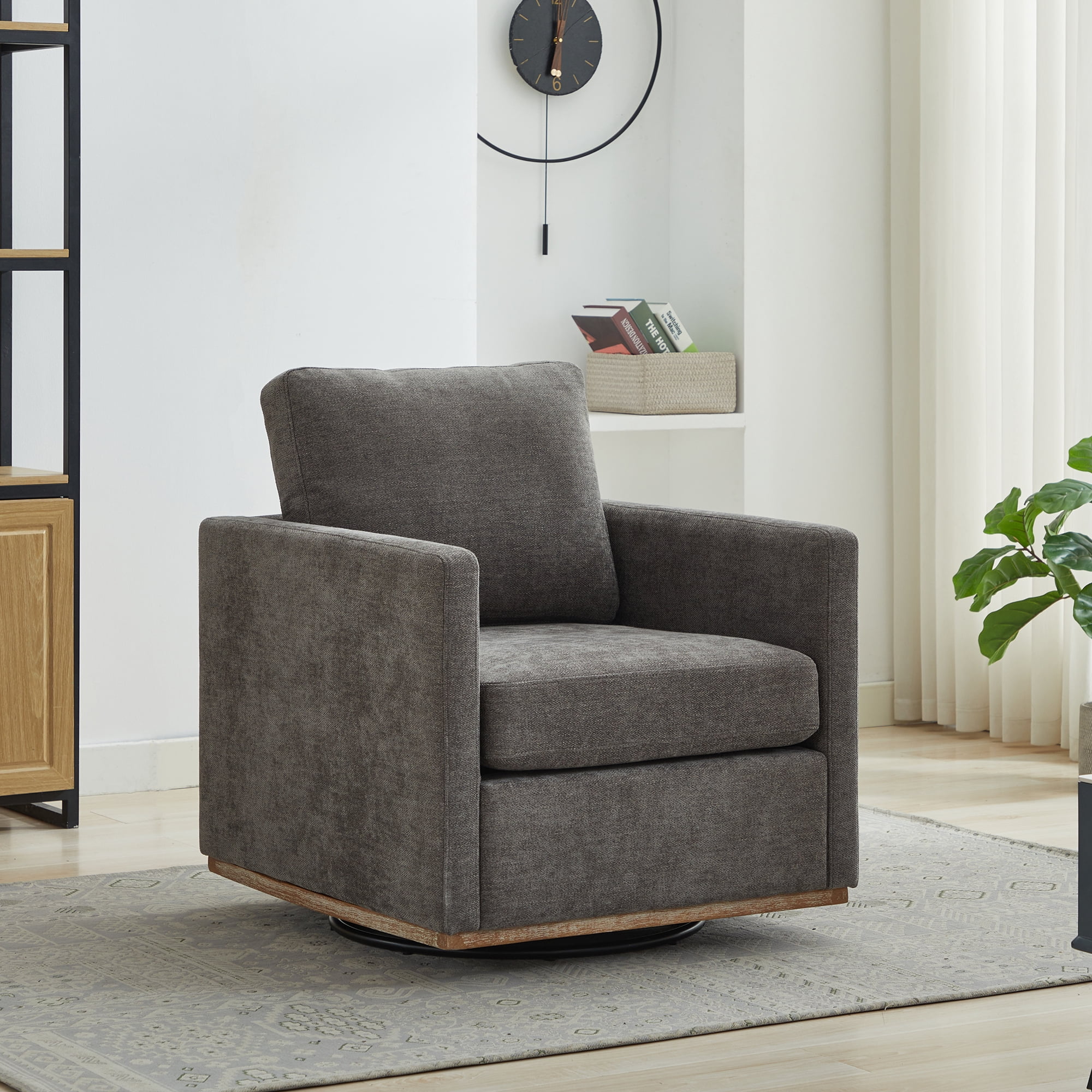 360° Swivel Accent Chair Chenille Arm Chair Upholstered Single Sofa Chair with Wooden Base,Club Lounge Reading Armchair for Living Room Bedroom Apartment,Charcoal