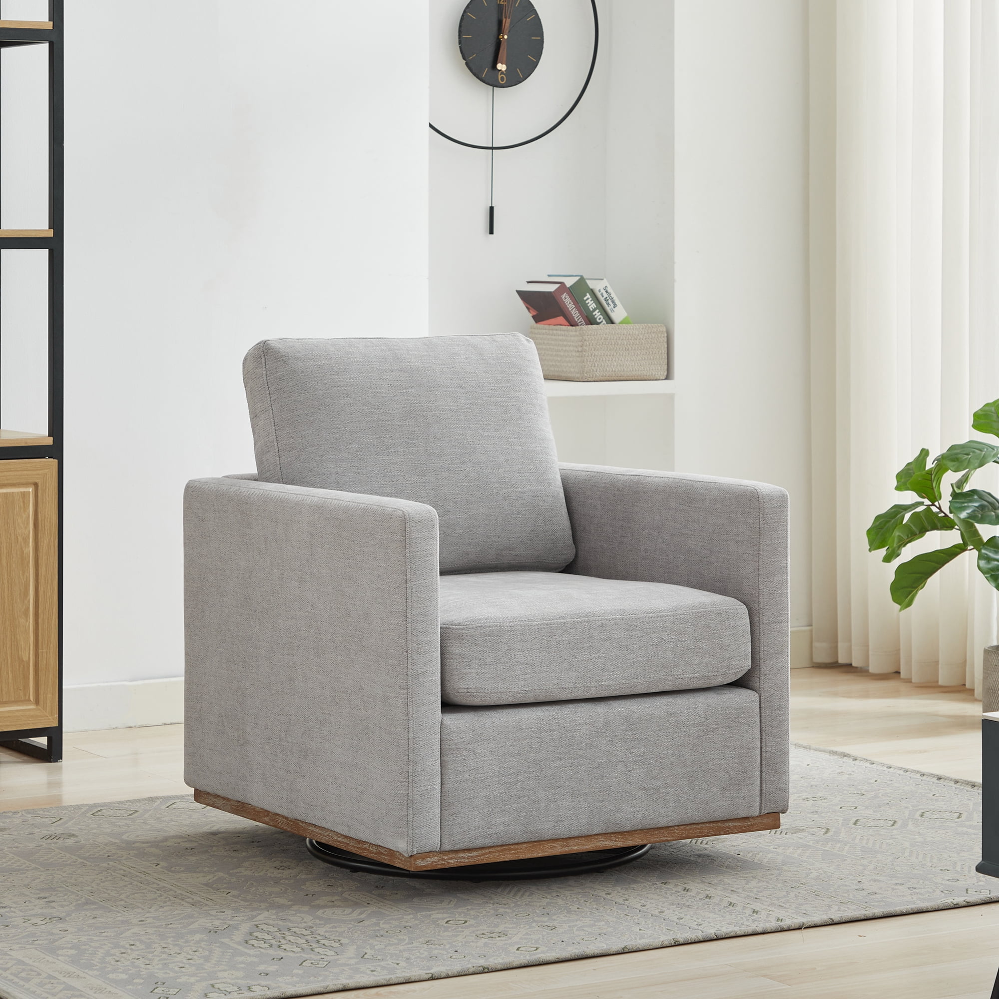 360° Swivel Accent Chair Chenille Arm Chair Upholstered Single Sofa Chair with Wooden Base,Club Lounge Reading Armchair for Living Room Bedroom Apartment,Light Gray