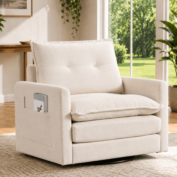360°Swivel Accent Chair, Upholstered 28''W Oversized Armchair, PAPROOS Barrel Chair Reading Armchair with Side Pockets & Cushion, Modern Accent Chair with Metal Base for Living Room Bedroom,Beige
