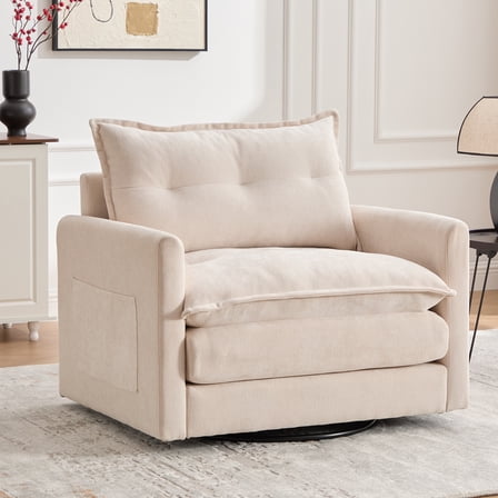 360°Swivel Accent Chair, Chenille Upholstered Armchair, PAPROOS Barrel Chair Reading Armchair with Side Pockets & Cushion, Modern Accent Chair with Metal Base for Living Room Bedroom, Beige