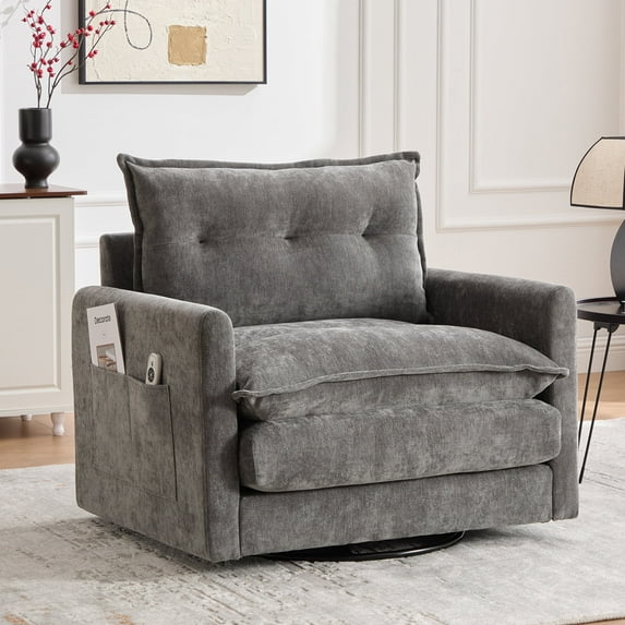 360°Swivel Accent Chair, Chenille Upholstered Armchair, Paproos Barrel Chair Reading Armchair with Side Pockets & Cushion, Modern Accent Chair with Metal Base for Living Room Bedroom, Gray